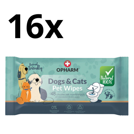 16x48szt Opharm Pet Wipes chusteczki dla zwierząt kotów psów czyszczenie łap oczu uszu